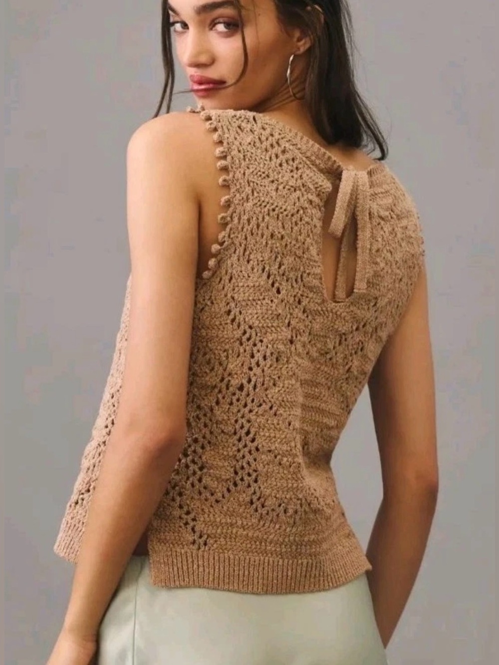 Small Anthropologie Crochet Sleeveless Sweater Women's Large Taupe Open Knit